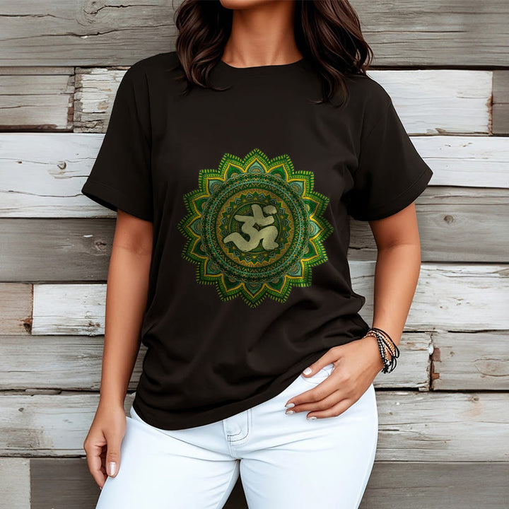 Buddha Stonesカジュアルグリーンマンダラオームシンボル柄コットンTシャツ - image 7