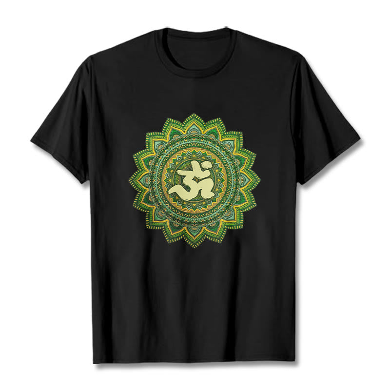 Buddha Stonesカジュアルグリーンマンダラオームシンボル柄コットンTシャツ - 黒 - 2XL - image 5