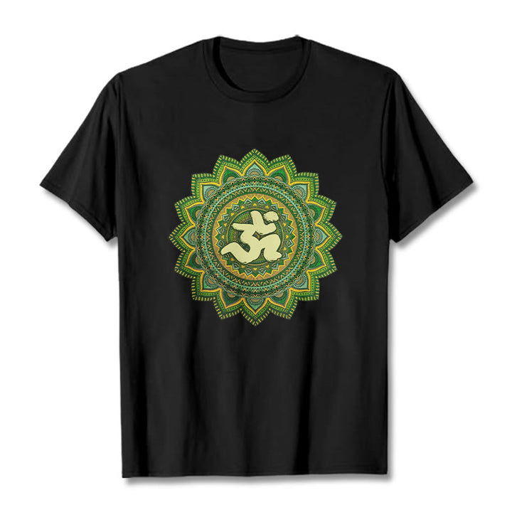 Buddha Stonesカジュアルグリーンマンダラオームシンボル柄コットンTシャツ - 黒 - 2XL - image 5