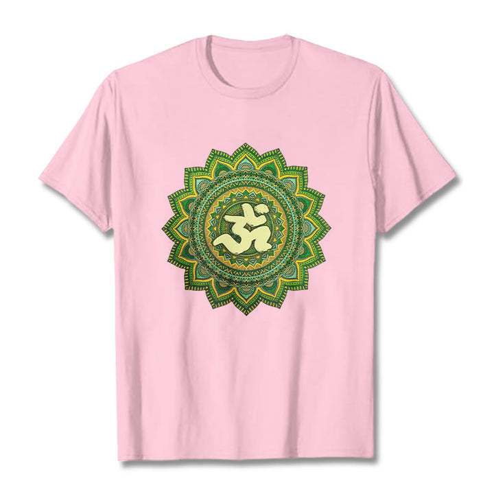 Buddha Stonesカジュアルグリーンマンダラオームシンボル柄コットンTシャツ - ライトピンク - 2XL - image 13