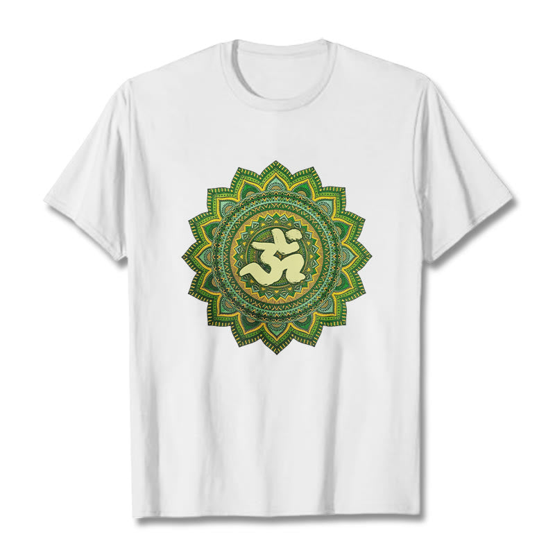 Buddha Stonesカジュアルグリーンマンダラオームシンボル柄コットンTシャツ - 白 - 2XL - image 1