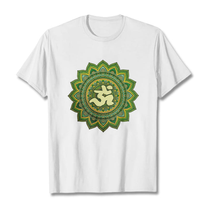 Buddha Stonesカジュアルグリーンマンダラオームシンボル柄コットンTシャツ - 白 - 2XL - image 1