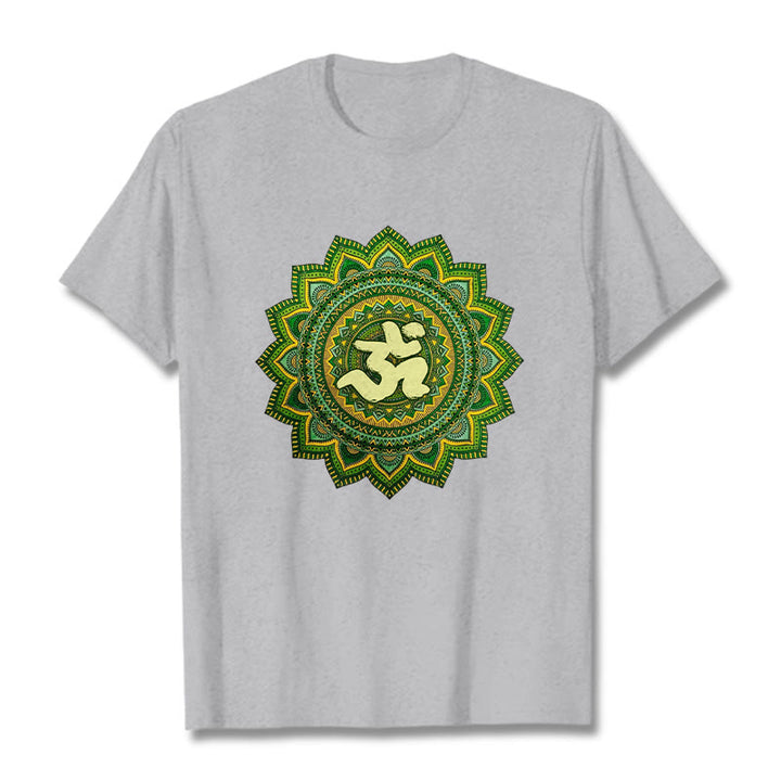 Buddha Stonesカジュアルグリーンマンダラオームシンボル柄コットンTシャツ - ライトグレー - 2XL - image 20