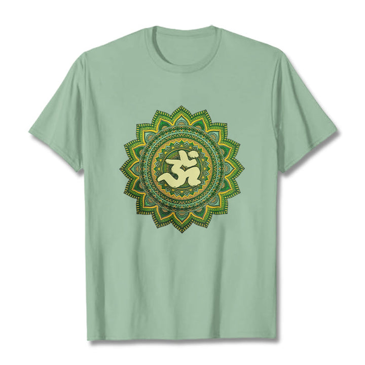 Buddha Stonesカジュアルグリーンマンダラオームシンボル柄コットンTシャツ - ペールグリーン - 2XL - image 15