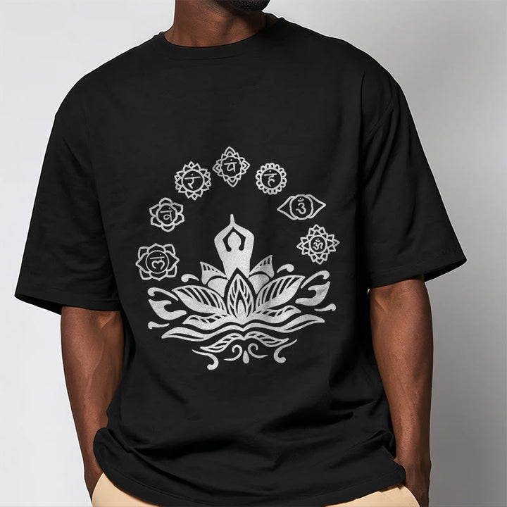 Buddha Stonesカジュアル 瞑想図 蓮の花 7つのチャクラ柄 コットンTシャツ - image 5