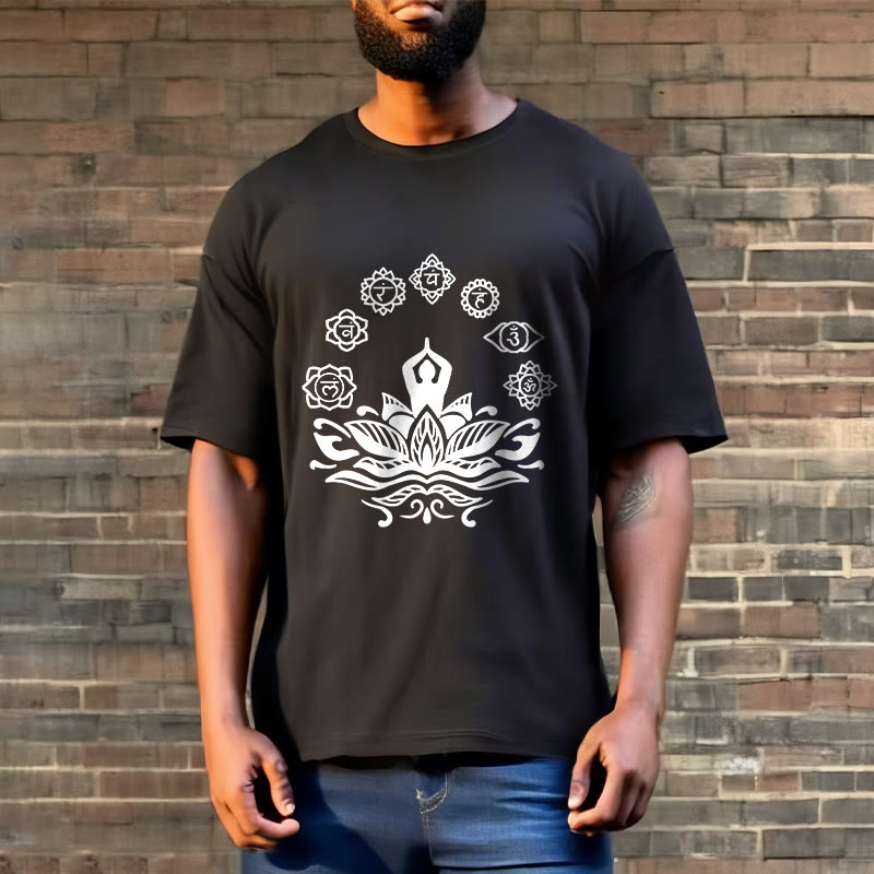 Buddha Stonesカジュアル 瞑想図 蓮の花 7つのチャクラ柄 コットンTシャツ - image 6
