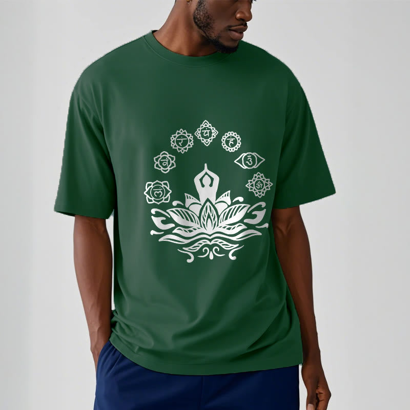 Buddha Stonesカジュアル 瞑想図 蓮の花 7つのチャクラ柄 コットンTシャツ - image 2