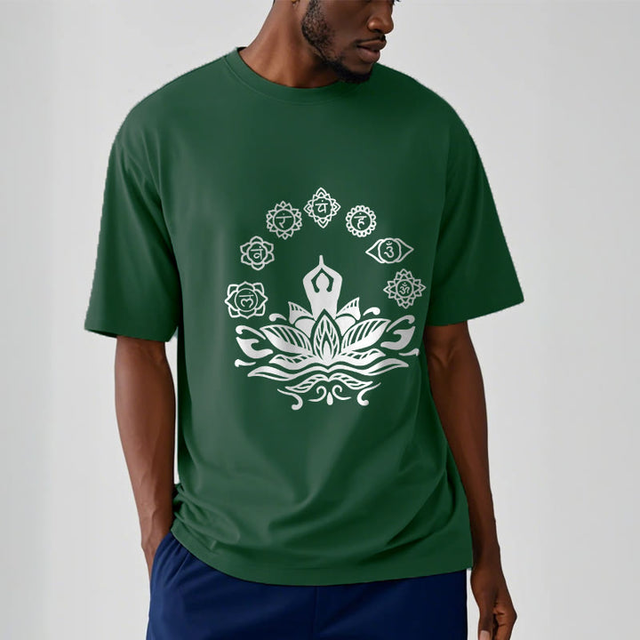 Buddha Stonesカジュアル 瞑想図 蓮の花 7つのチャクラ柄 コットンTシャツ - image 2
