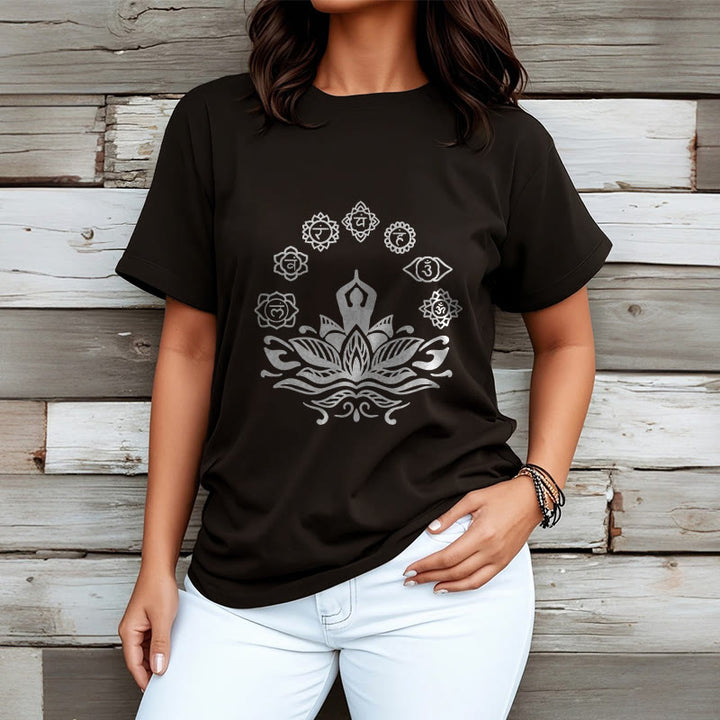 Buddha Stonesカジュアル 瞑想図 蓮の花 7つのチャクラ柄 コットンTシャツ - image 7