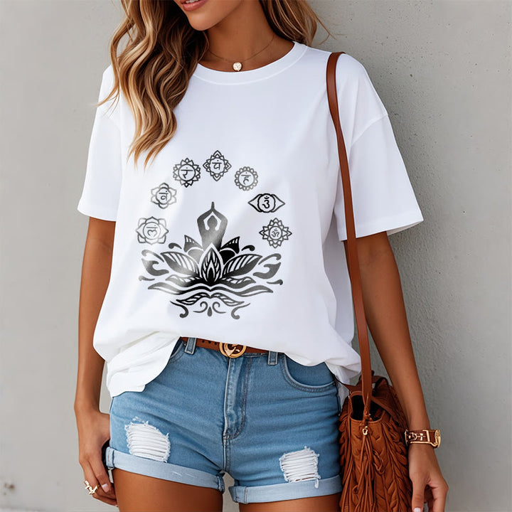 Buddha Stonesカジュアル 瞑想図 蓮の花 7つのチャクラ柄 コットンTシャツ - image 10
