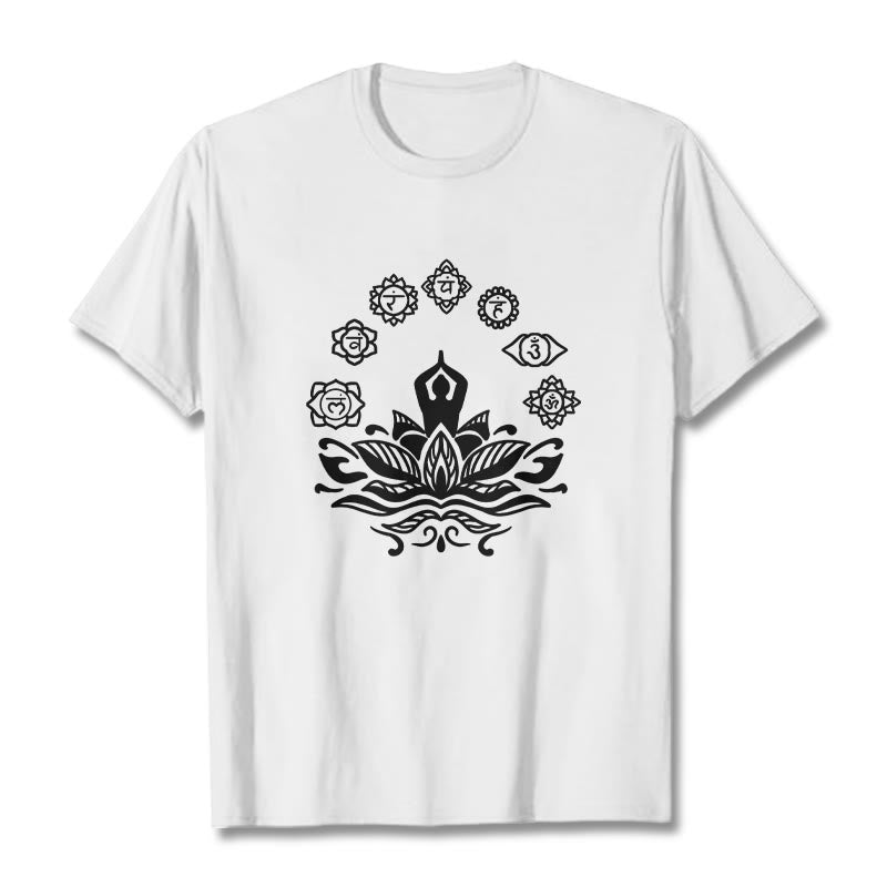 Buddha Stonesカジュアル 瞑想図 蓮の花 7つのチャクラ柄 コットンTシャツ - 白 - 2XL - image 8