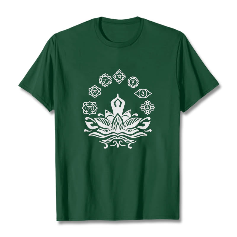 Buddha Stonesカジュアル 瞑想図 蓮の花 7つのチャクラ柄 コットンTシャツ - フォレストグリーン - 2XL - image 1