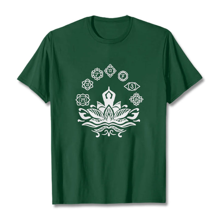 Buddha Stonesカジュアル 瞑想図 蓮の花 7つのチャクラ柄 コットンTシャツ - フォレストグリーン - 2XL - image 1