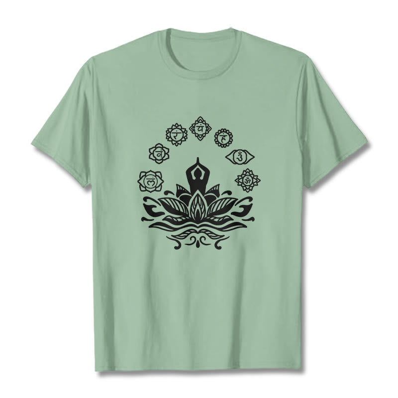 Buddha Stonesカジュアル 瞑想図 蓮の花 7つのチャクラ柄 コットンTシャツ - ペールグリーン - 2XL - image 15