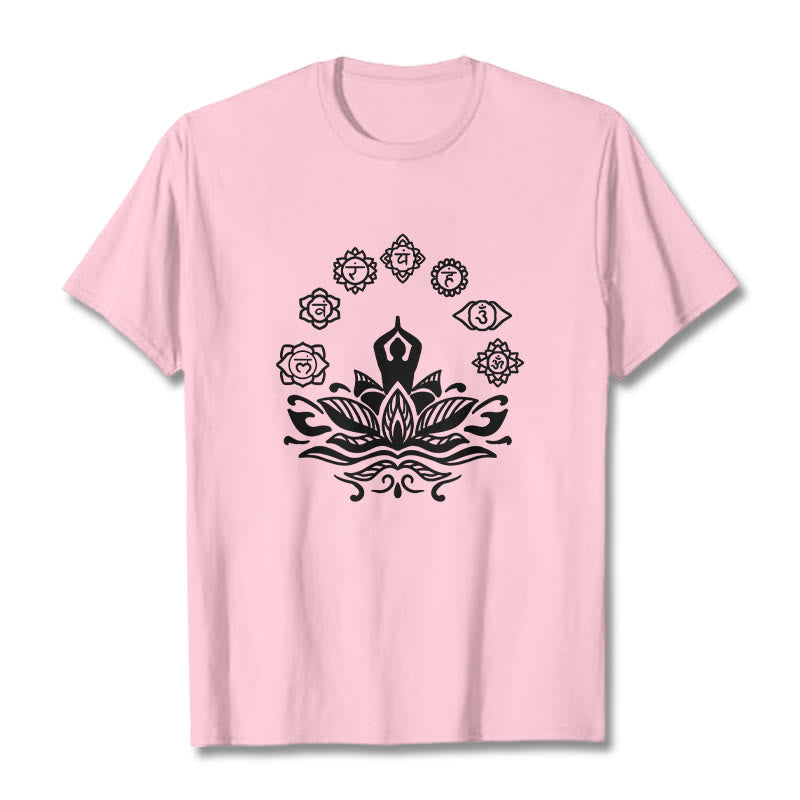Buddha Stonesカジュアル 瞑想図 蓮の花 7つのチャクラ柄 コットンTシャツ - ライトピンク - 2XL - image 13