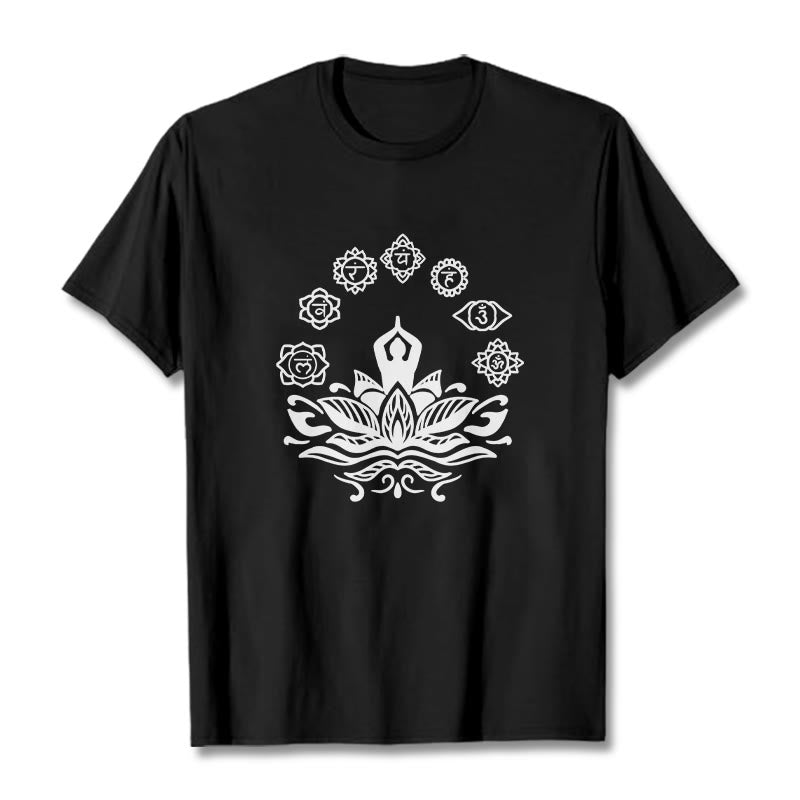 Buddha Stonesカジュアル 瞑想図 蓮の花 7つのチャクラ柄 コットンTシャツ - 黒 - 2XL - image 4