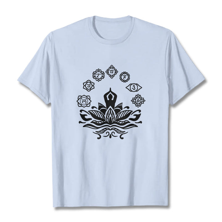 Buddha Stonesカジュアル 瞑想図 蓮の花 7つのチャクラ柄 コットンTシャツ - ライトシアン - 2XL - image 19
