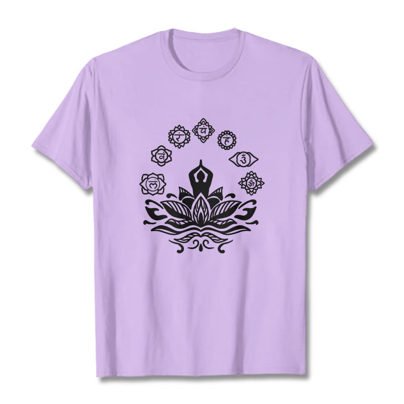 Buddha Stonesカジュアル 瞑想図 蓮の花 7つのチャクラ柄 コットンTシャツ - 梅 - 2XL - image 17