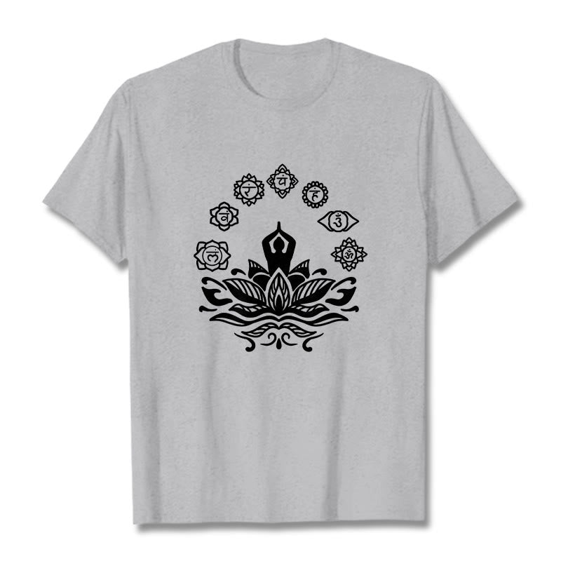 Buddha Stonesカジュアル 瞑想図 蓮の花 7つのチャクラ柄 コットンTシャツ - ライトグレー - 2XL - image 20