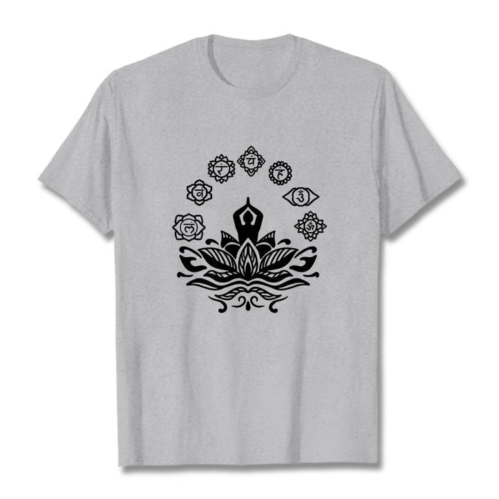 Buddha Stonesカジュアル 瞑想図 蓮の花 7つのチャクラ柄 コットンTシャツ - ライトグレー - 2XL - image 20