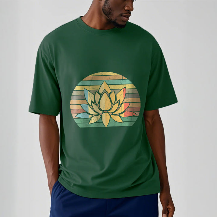 Buddha Stonesカジュアルレトロストライプ背景蓮の花柄コットンTシャツ - image 12