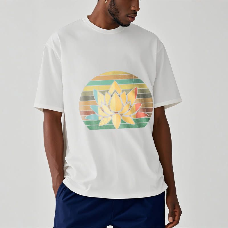 Buddha Stonesカジュアルレトロストライプ背景蓮の花柄コットンTシャツ - image 7