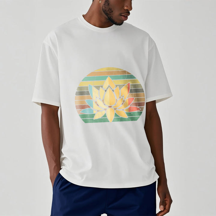 Buddha Stonesカジュアルレトロストライプ背景蓮の花柄コットンTシャツ - image 7