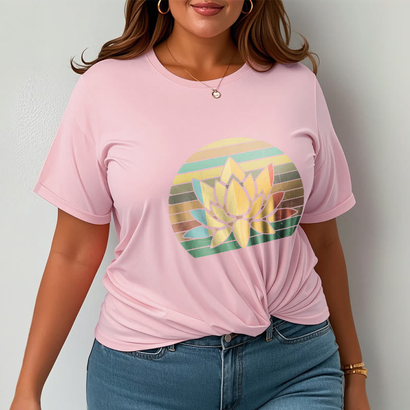 Buddha Stonesカジュアルレトロストライプ背景蓮の花柄コットンTシャツ - image 14