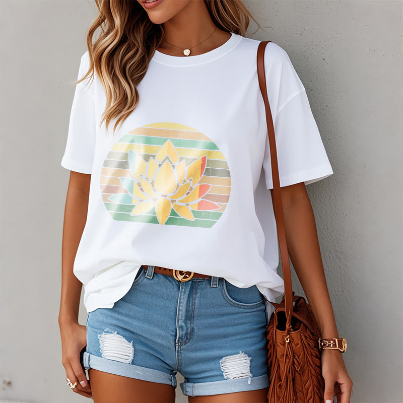 Buddha Stonesカジュアルレトロストライプ背景蓮の花柄コットンTシャツ - image 8