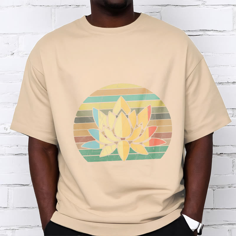 Buddha Stonesカジュアルレトロストライプ背景蓮の花柄コットンTシャツ - image 10