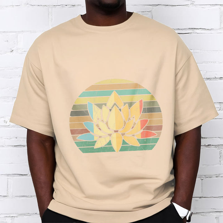 Buddha Stonesカジュアルレトロストライプ背景蓮の花柄コットンTシャツ - image 10