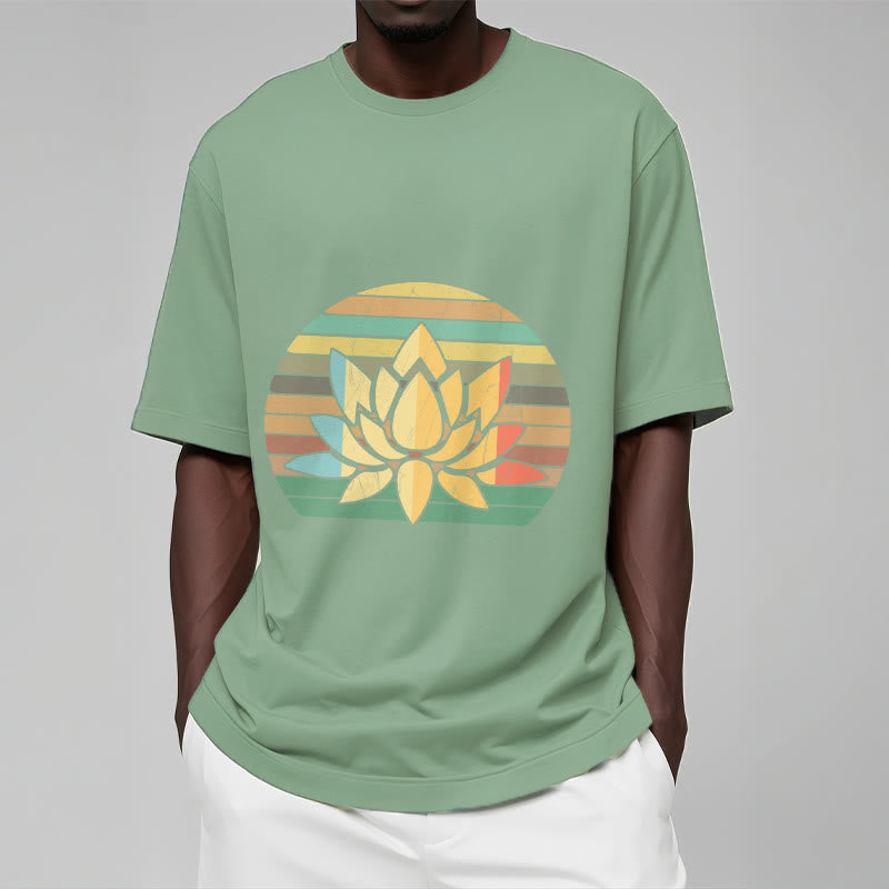 Buddha Stonesカジュアルレトロストライプ背景蓮の花柄コットンTシャツ - image 16