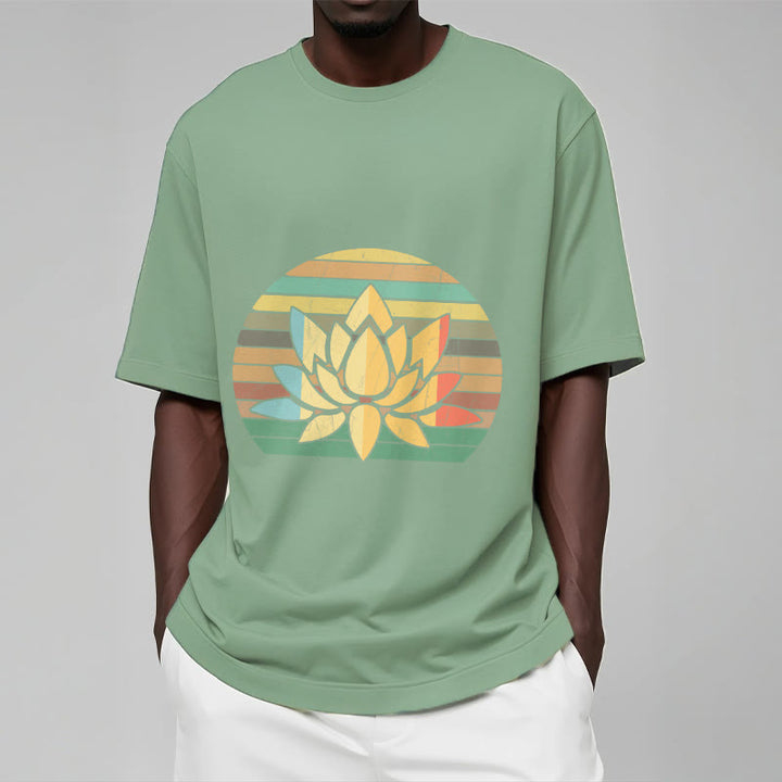 Buddha Stonesカジュアルレトロストライプ背景蓮の花柄コットンTシャツ - image 16