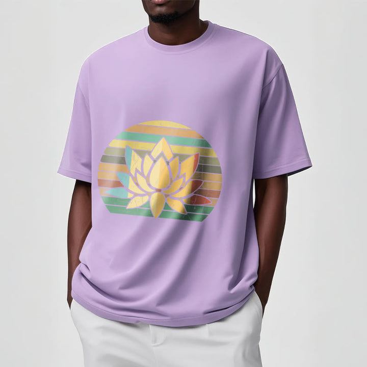 Buddha Stonesカジュアルレトロストライプ背景蓮の花柄コットンTシャツ - image 18