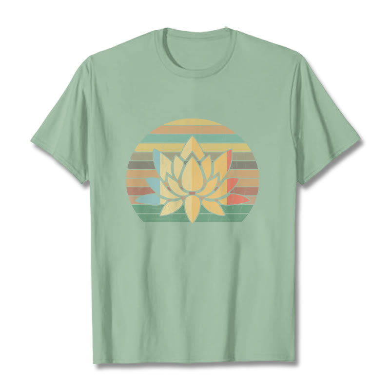 Buddha Stonesカジュアルレトロストライプ背景蓮の花柄コットンTシャツ - ペールグリーン - 2XL - image 15