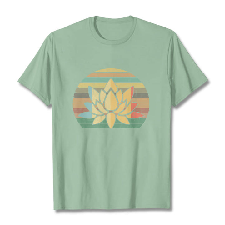 Buddha Stonesカジュアルレトロストライプ背景蓮の花柄コットンTシャツ - ペールグリーン - 2XL - image 15