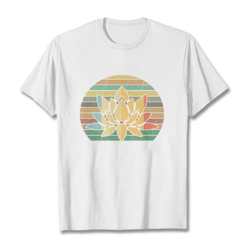 Buddha Stonesカジュアルレトロストライプ背景蓮の花柄コットンTシャツ - 白 - 2XL - image 6