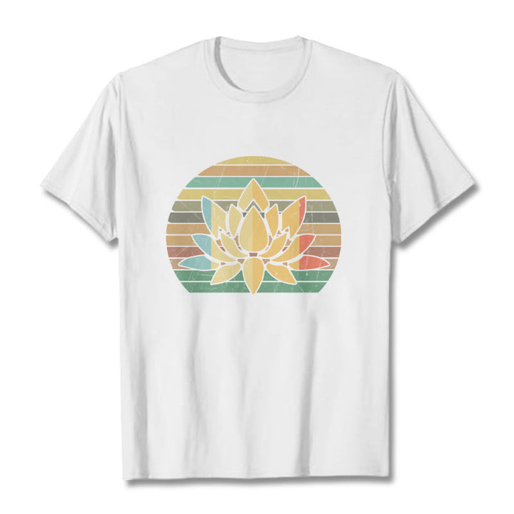 Buddha Stonesカジュアルレトロストライプ背景蓮の花柄コットンTシャツ - 白 - 2XL - image 6