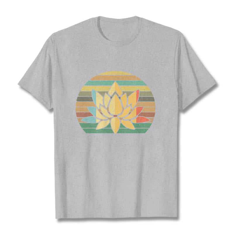 Buddha Stonesカジュアルレトロストライプ背景蓮の花柄コットンTシャツ - ライトグレー - 2XL - image 20