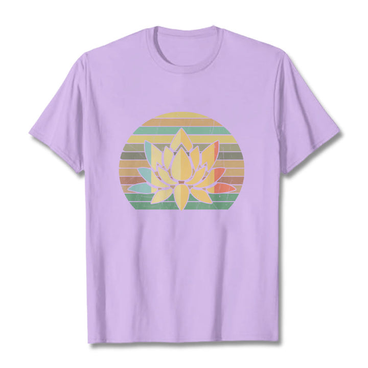 Buddha Stonesカジュアルレトロストライプ背景蓮の花柄コットンTシャツ - 梅 - 2XL - image 17