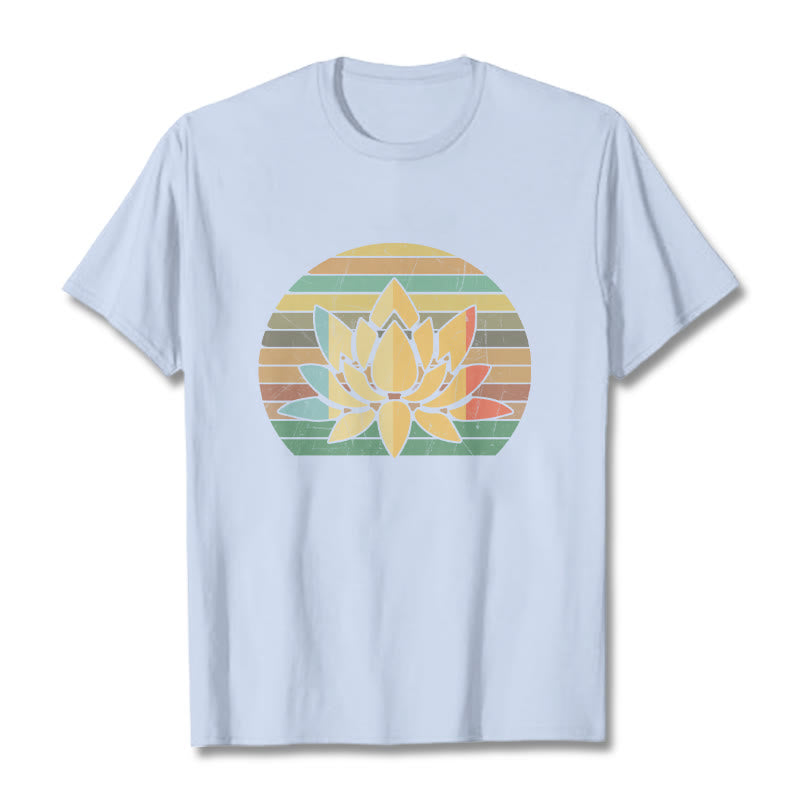 Buddha Stonesカジュアルレトロストライプ背景蓮の花柄コットンTシャツ - ライトシアン - 2XL - image 19