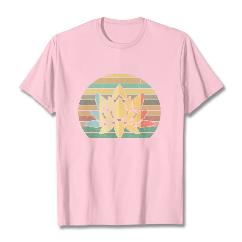 Buddha Stonesカジュアルレトロストライプ背景蓮の花柄コットンTシャツ - ライトピンク - 2XL - image 13