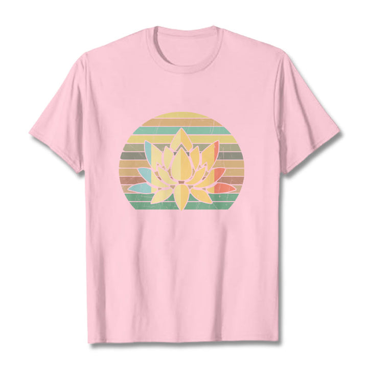 Buddha Stonesカジュアルレトロストライプ背景蓮の花柄コットンTシャツ - ライトピンク - 2XL - image 13