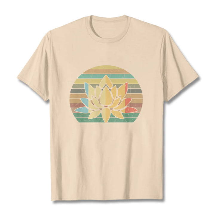 Buddha Stonesカジュアルレトロストライプ背景蓮の花柄コットンTシャツ - ビスク - 2XL - image 9