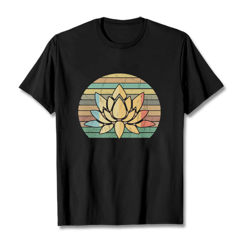 Buddha Stonesカジュアルレトロストライプ背景蓮の花柄コットンTシャツ - 黒 - 2XL - image 1