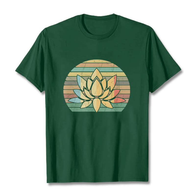 Buddha Stonesカジュアルレトロストライプ背景蓮の花柄コットンTシャツ - フォレストグリーン - 2XL - image 11
