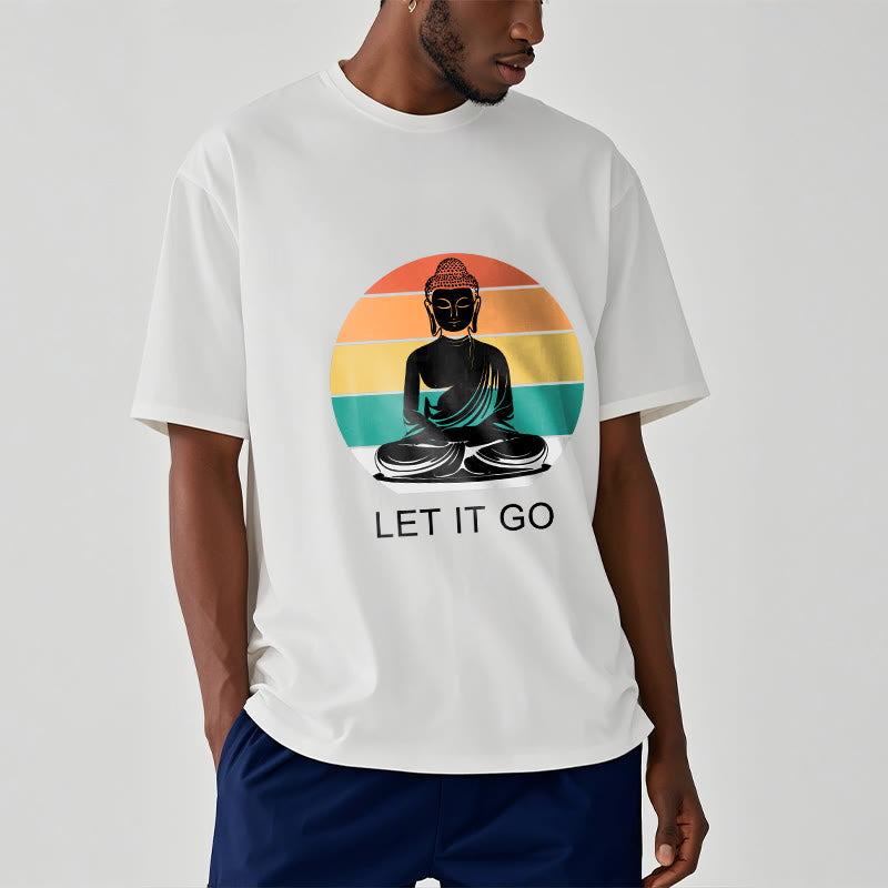 Buddha Stonesカジュアル カラフル ストライプ背景 瞑想する仏陀柄 コットンTシャツ - image 9