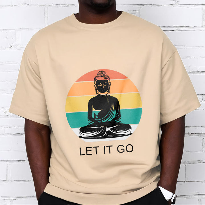Buddha Stonesカジュアル カラフル ストライプ背景 瞑想する仏陀柄 コットンTシャツ - image 12