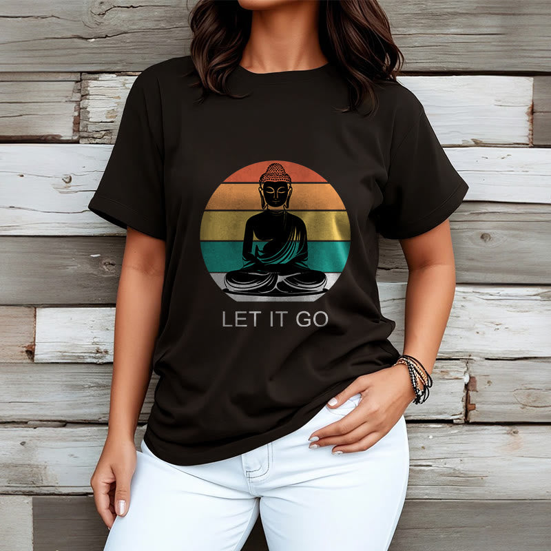 Buddha Stonesカジュアル カラフル ストライプ背景 瞑想する仏陀柄 コットンTシャツ - image 7