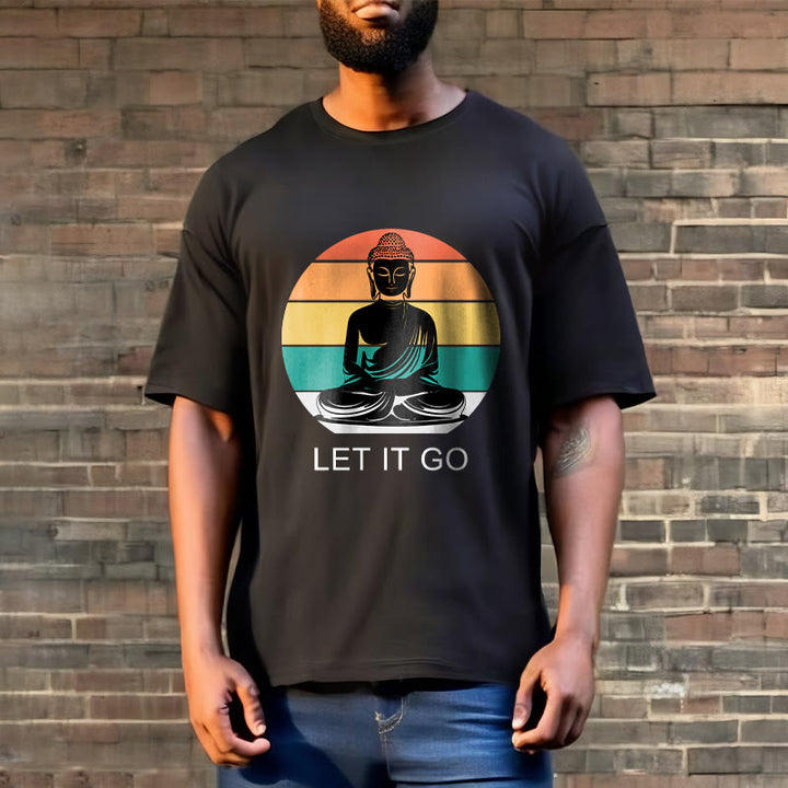 Buddha Stonesカジュアル カラフル ストライプ背景 瞑想する仏陀柄 コットンTシャツ - image 6